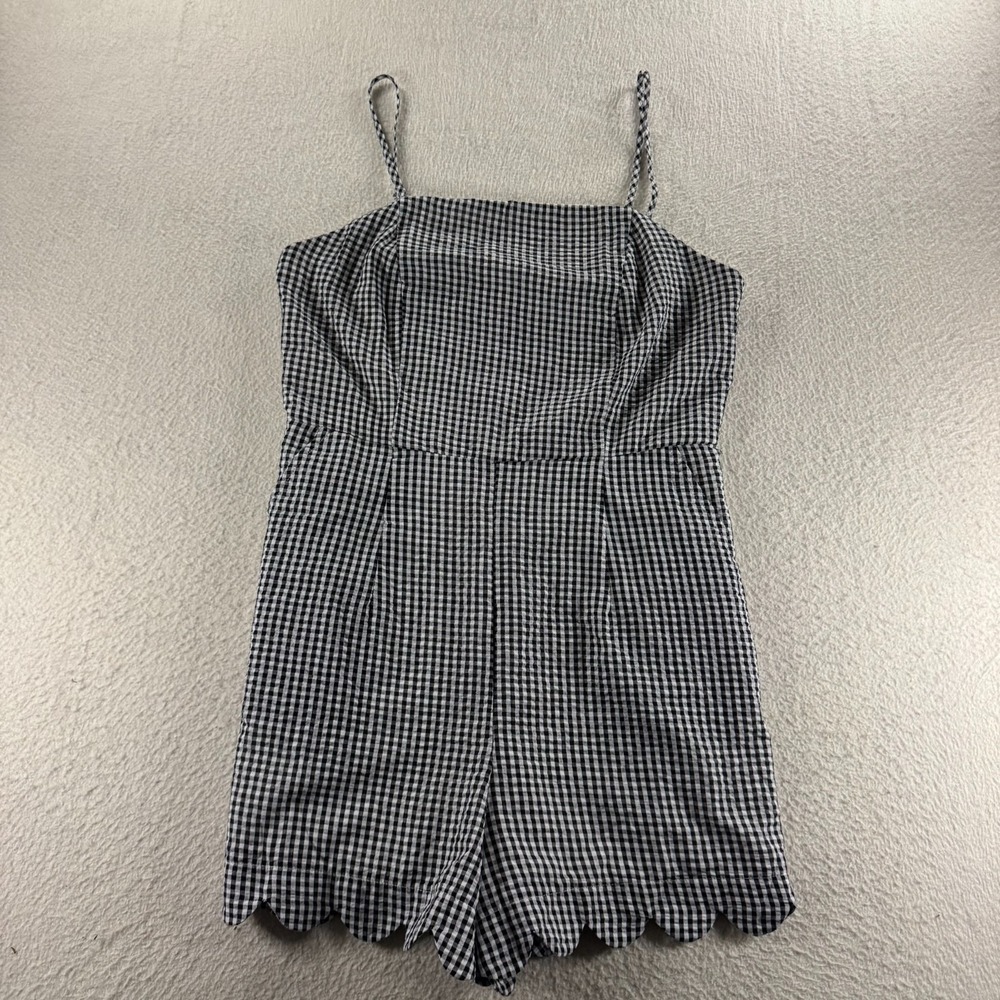 Impressions Perfect Picnic Seersucker Romper Womens Large Black White‎ Scalloped